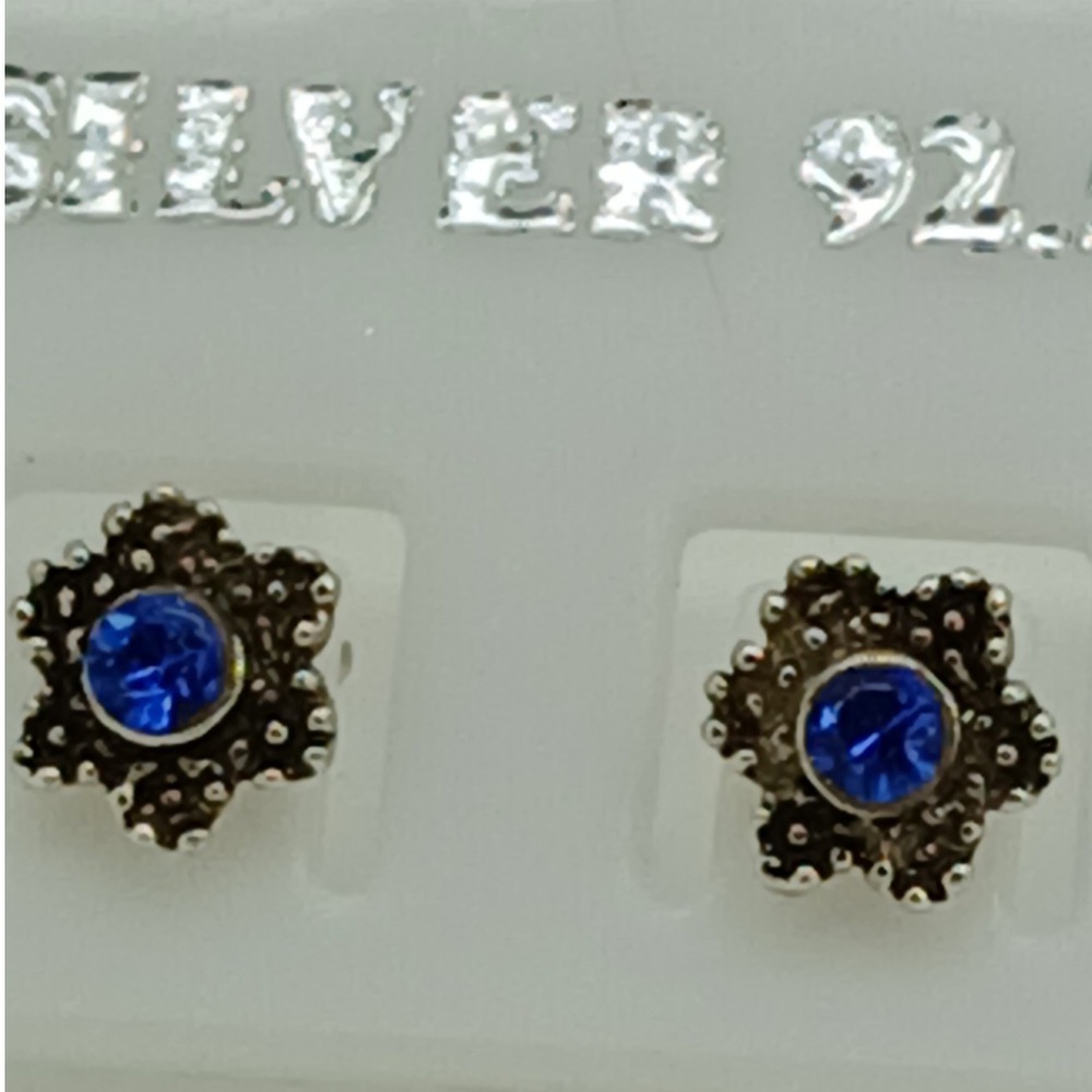 Vintage 925 Sterling Silver Blue Crystal Flower Stud Earrings Floral Jewelry - Picture 3 of 16
